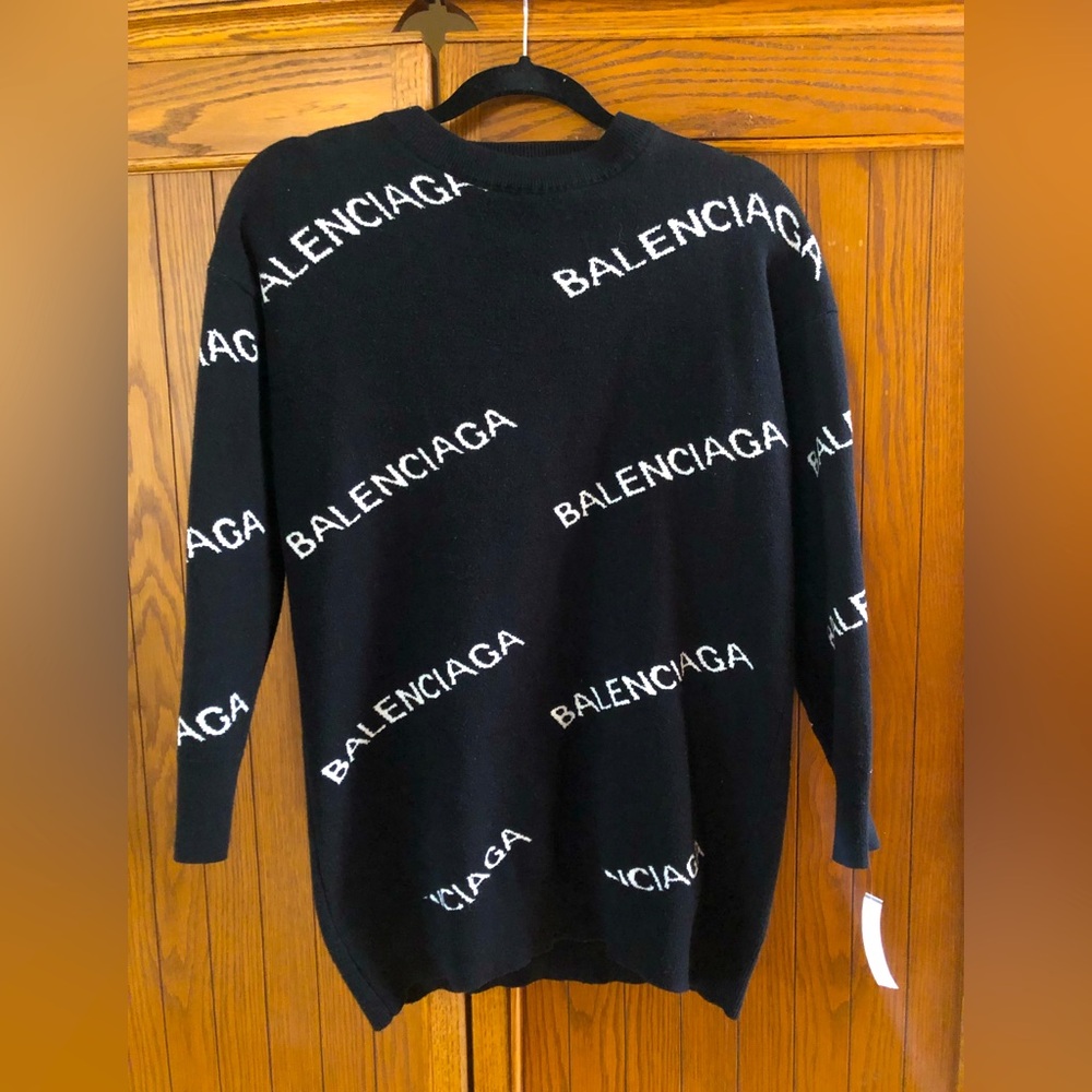 Balenciaga Allover Logo Crewneck in black and white knit